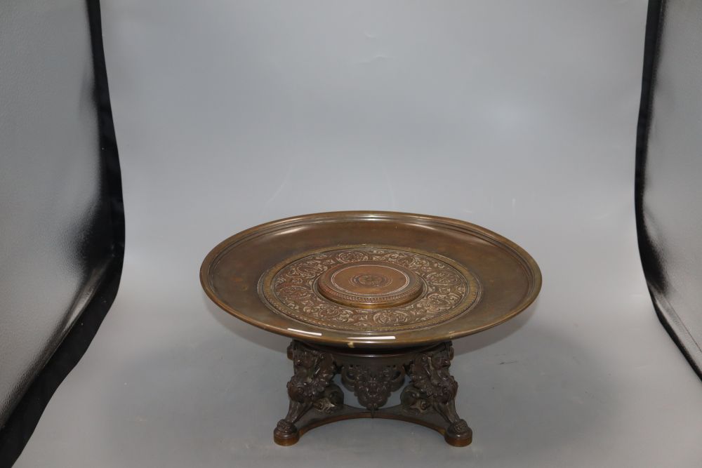 A 19th century bronze centrepiece tazza with griffin supports,